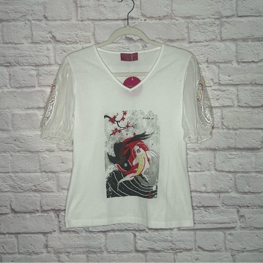 Kitsch & Pop Koi Fish Lace Sleeve Top NWT - Picture 5 of 13